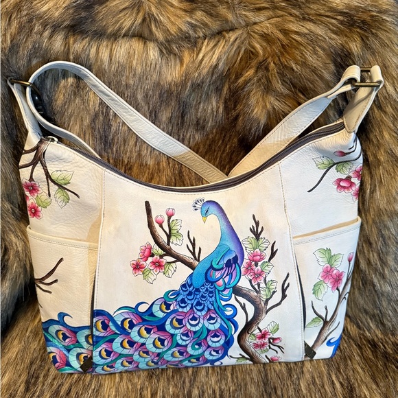 Annuschka Hand Painted Leather Hobo/Color Peacocks NWOT - Picture 2 of 4